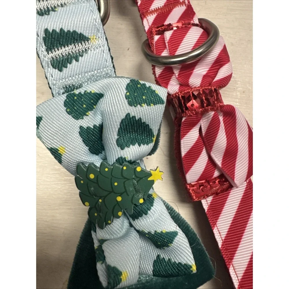 Lot Of 2 Merry & Bright Adjustable Large L Christmas Red Green Dog Sripes W/ Bow
